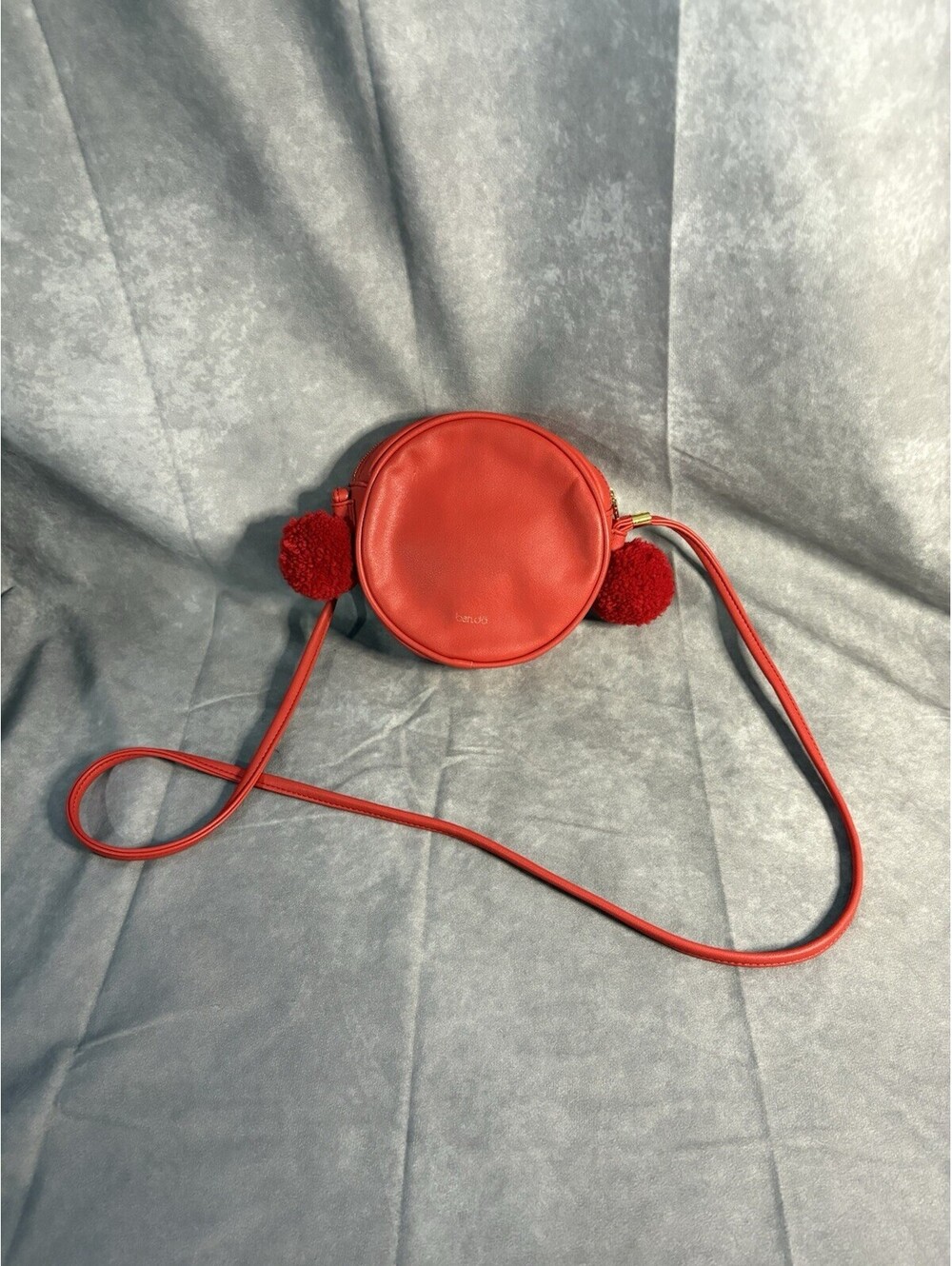 ban.do Red Round Crossbody Bag Pom Pom Zipper Purse Adjustable Strap